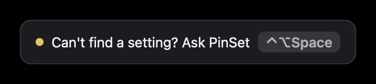 A small note under the PinSet pin in the menu bar: “Can't find a setting? Ask PinSet ⌃⌥Space”.