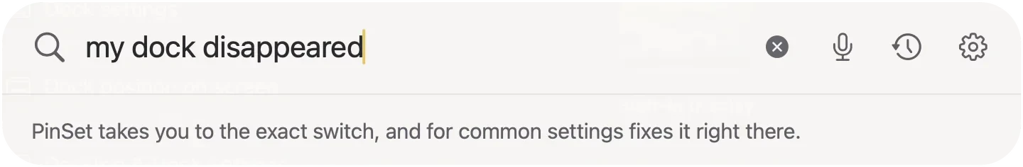 The PinSet bar with “my dock disappeared” typed in